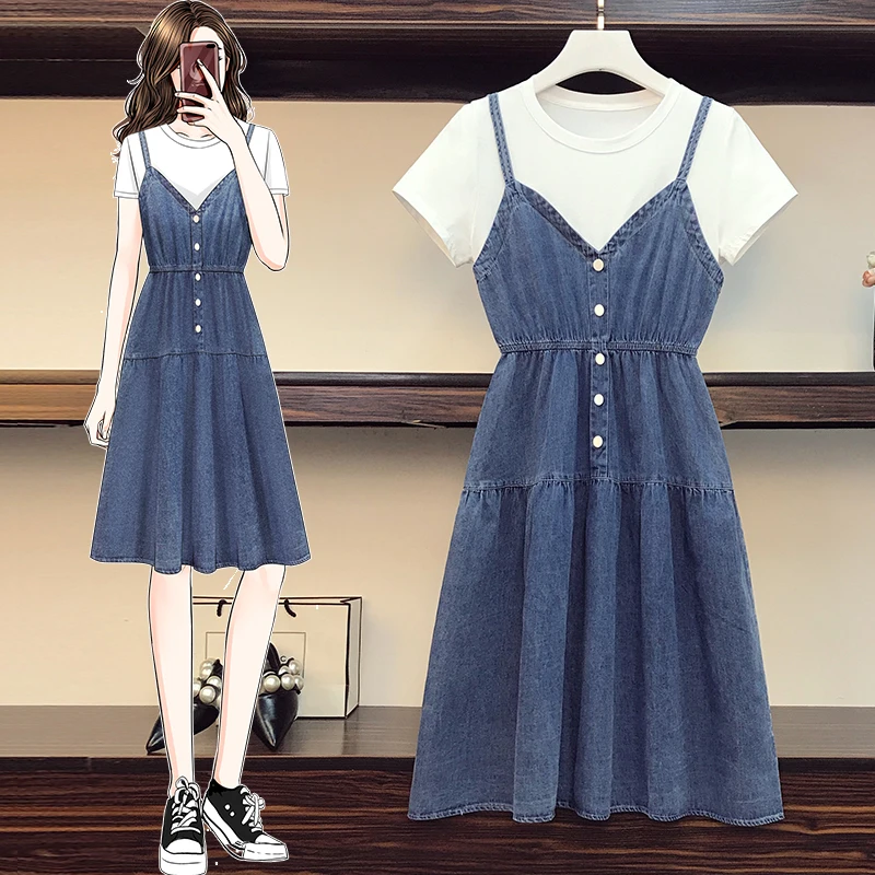 

Plus size women dresses Summer short sleeve patchwork high waist denim A-line dress korean casual fake two piece vestidos mujer