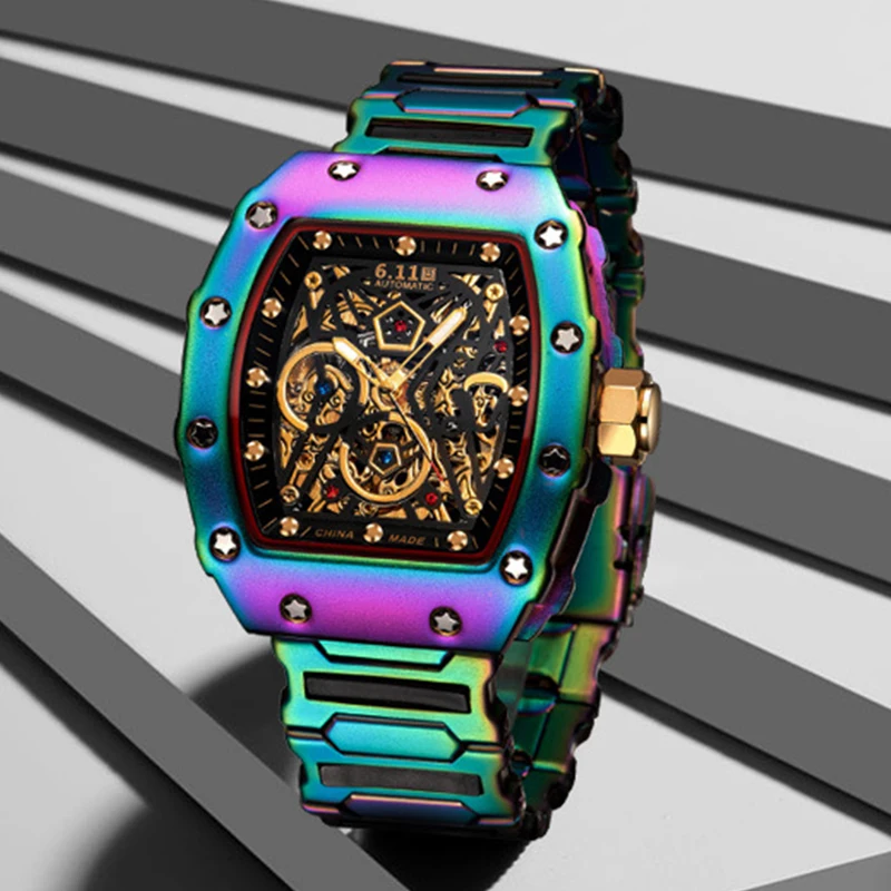 

2021 new Miller same style steel belt transparent bottom automatic mechanical watch men's barrel-shaped fashion waterproof watch