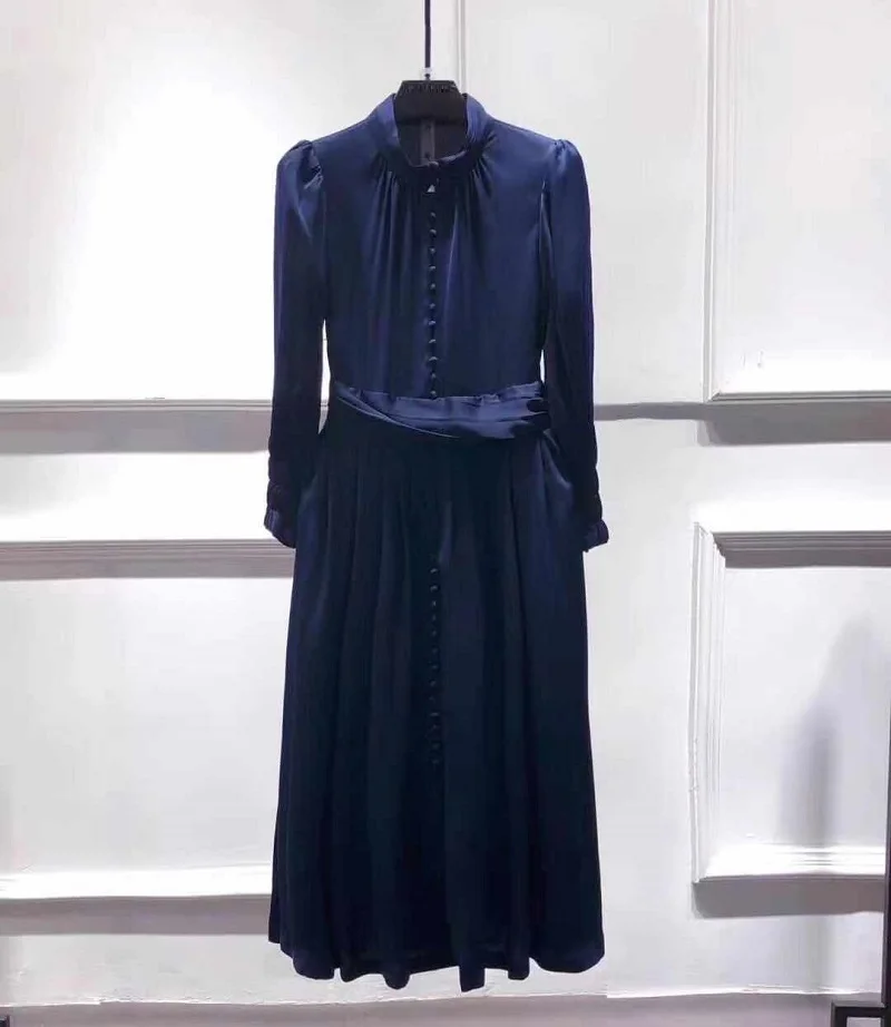 dark blue Высококачественная модная новинка, осенняя Женская туника со стоячим воротником и пуговицами, деко, рукав 3/4, длина до середины икры, элегантное темно-синее желтое платье - Цвет: dark blue