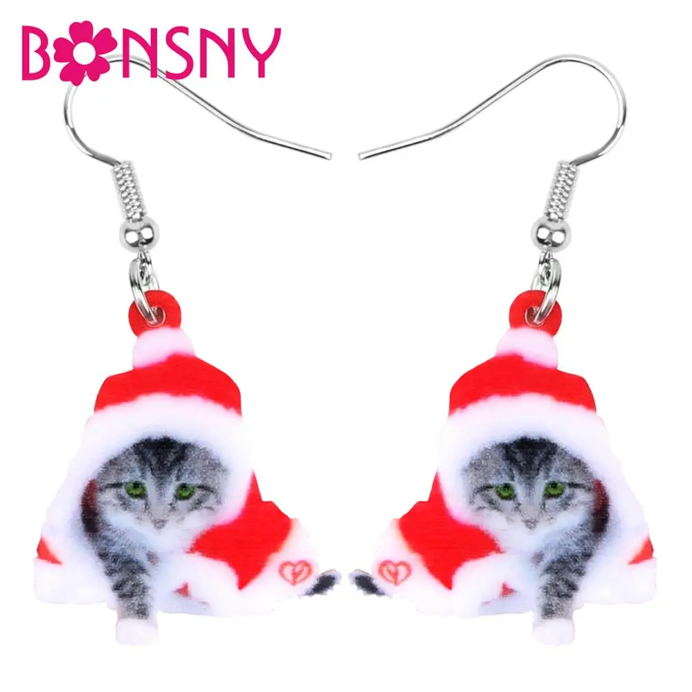 

Bonsny Acrylic Christmas Short Hair Cat Kitten Earrings Drop Dangle Animal Pet Jewelry For Women Girl Teen Party Decoration Gift