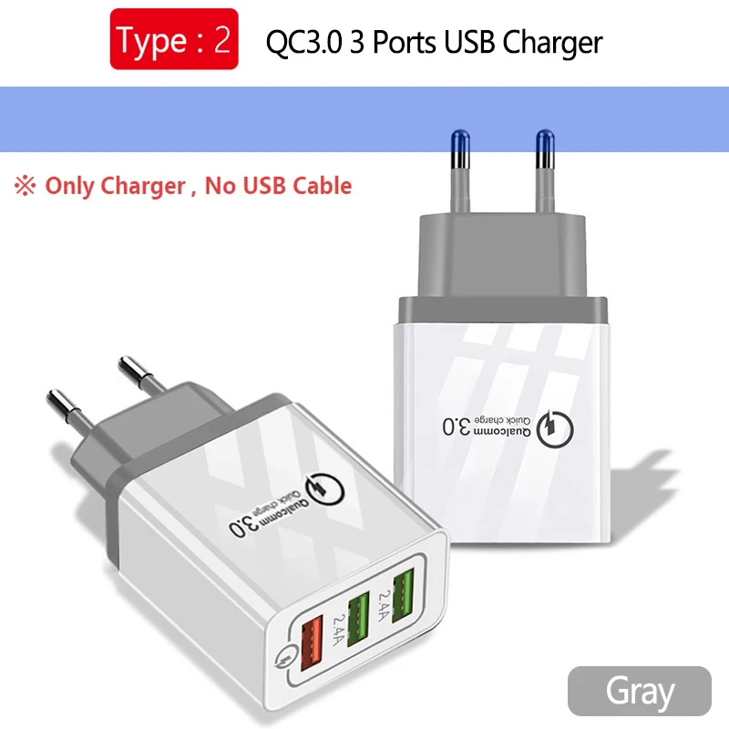 3 порта USB настенное зарядное устройство QC3.0 быстрое зарядное устройство s 5 V/2.4A 18W Быстрая зарядка для samsung Xiaomi huawei iPad iPhone Micro type-C кабель - Тип штекера: QC3.0 Charge Gray