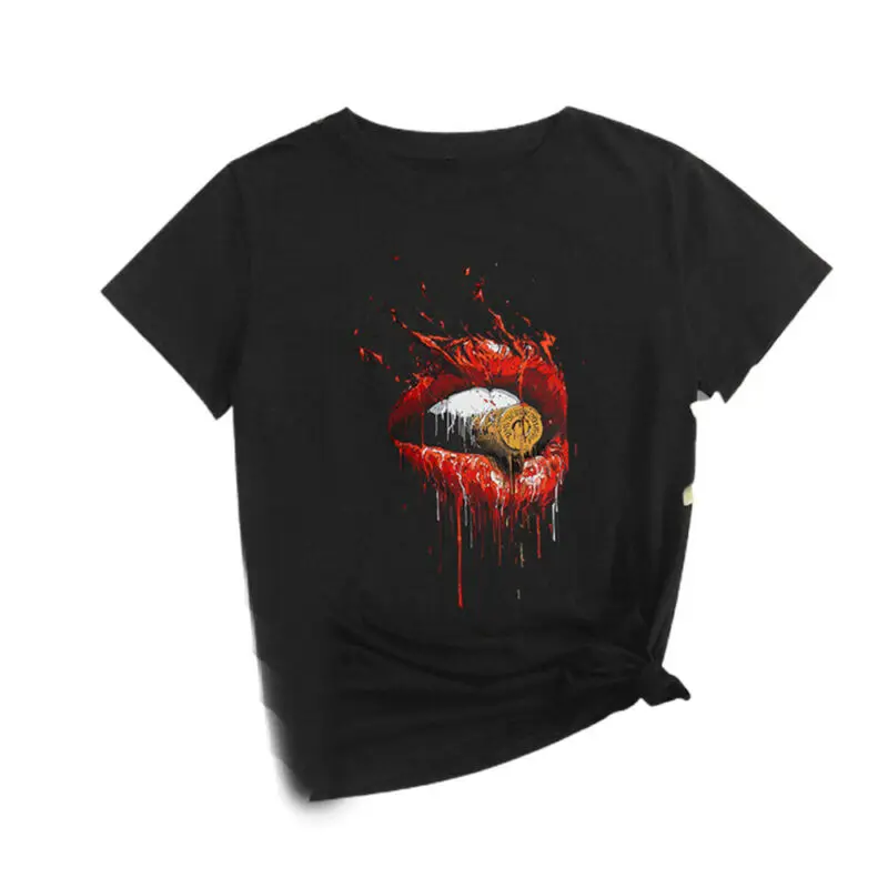 

Womens Bullet Big Lips Printed Basic T-Shirts Short Sleeve Round Neck Tee Tops