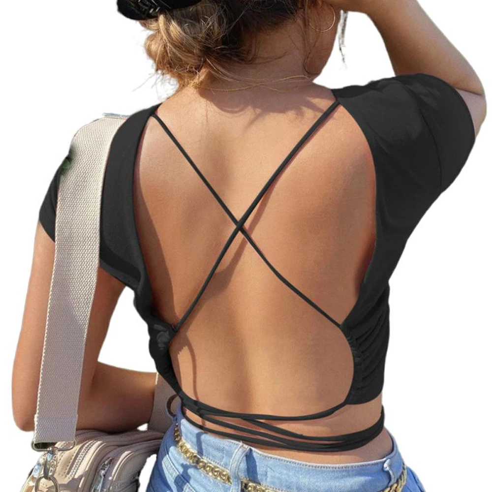 U-shot и шнуровкой крест-накрест женская одежда футболка Топ с коротким рукавом