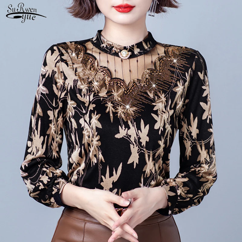 

Autumn 5XL Stretch Cotton Women Blouse Flowers Printed Leaves Loose Long Sleeve Top Elegant Jacquard Stand Collar Shirt 18269