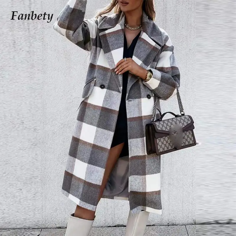 

Модные дизайнерские Клетчатые Шерстяные длинные пальто для женщин, осенний Новый элегантный офисный кардиган с отложным воротником, зимне...