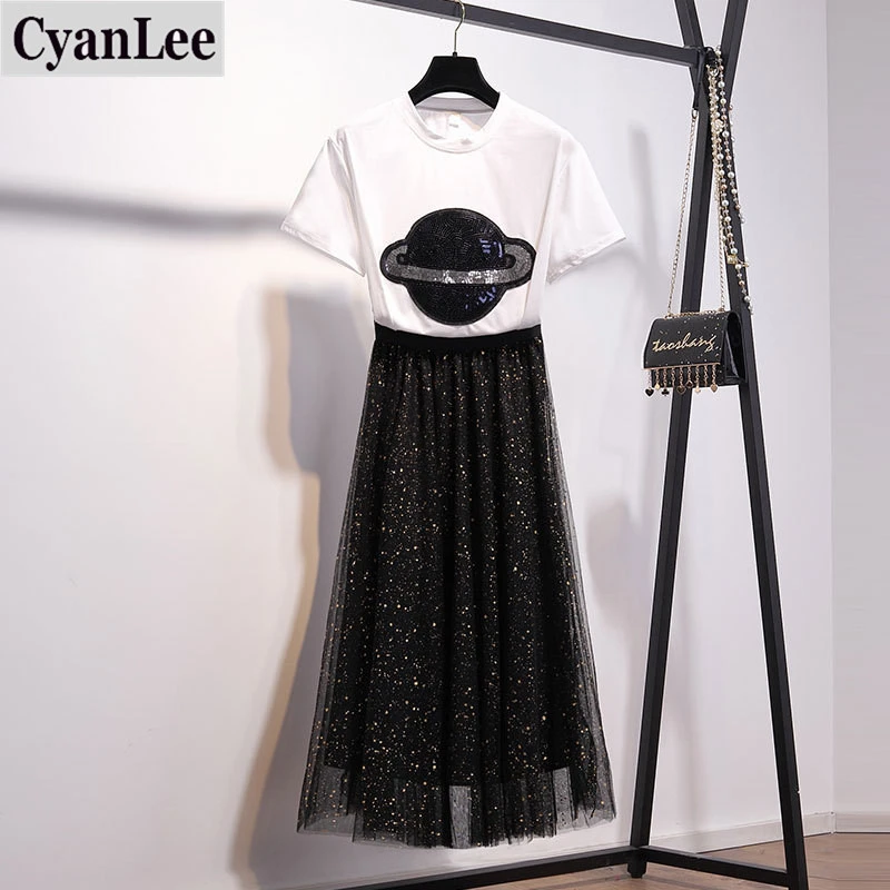 Женский комплект из 2 предметов с блестками белая футболка и сетчатая юбка в