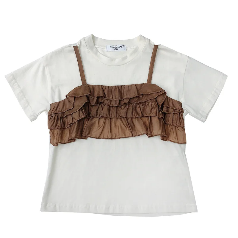 

Short Sleeve Summer Girls T-shirts Ruffles Patchwork Fake Two Pieces Tops Baby Girls Clothes Tshirt 2-8Y Toddler Girls Clothes