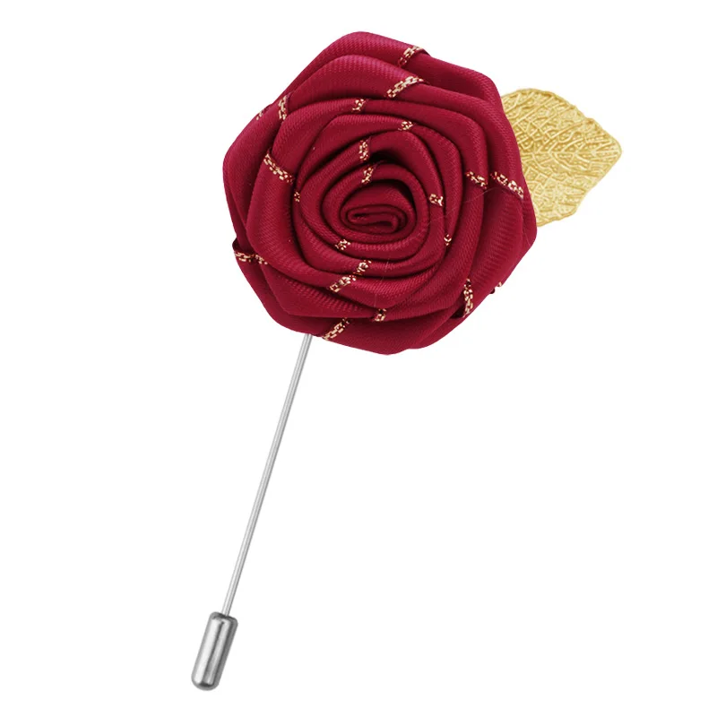 Wine red Ручной работы мужской костюм Золотые листья Ткань Роза цветок брошь, ювелирные изделия Роскошный воротник нагрудный корсаж длинные иглы булавки Мужские аксессуары - Окраска металла: Wine red