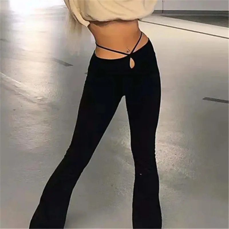 

TVVOVVIN Hollow Out High Waist Bandage Flared Pants 2021 Spring Summer New Casual Solid Color Stretch Pants Wpx4