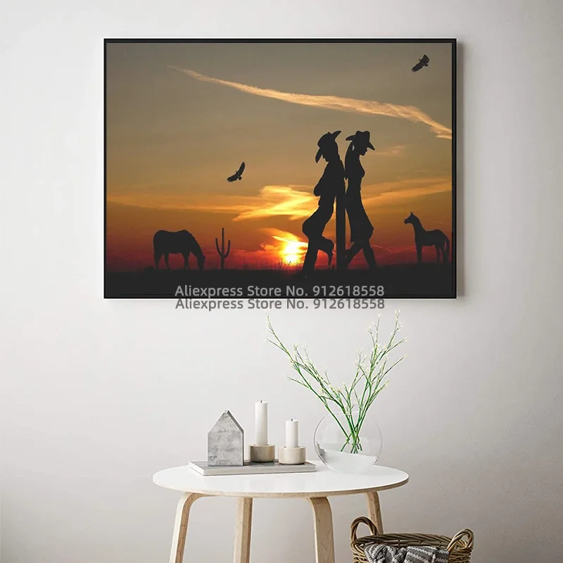 Романтические плакаты силуэт Искусство Плакат Западный ковбойский Холст плакат