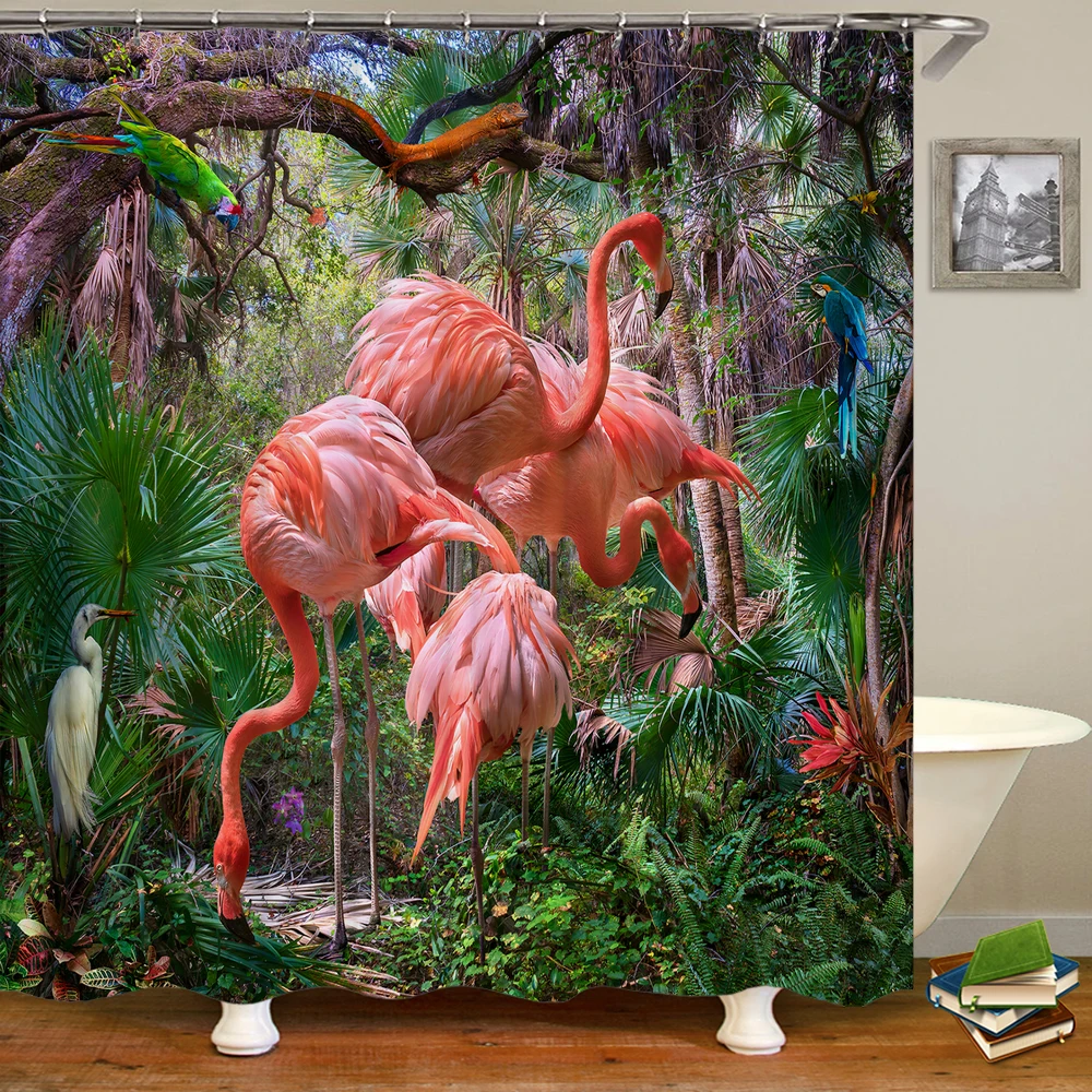 

Flamingo Shower Curtains Green Leaf Bathroom Waterproof Polyester Fabric Printing Shower Curtain Decoration Bath Screen