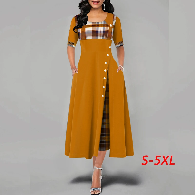 Винтажное женское платье весеннего стиля с клетчатым принтом, макси-ретро-фэшн и пуговицами, полурукавами для вечеринок в стиле 2020 года большого размера - Вестидос.