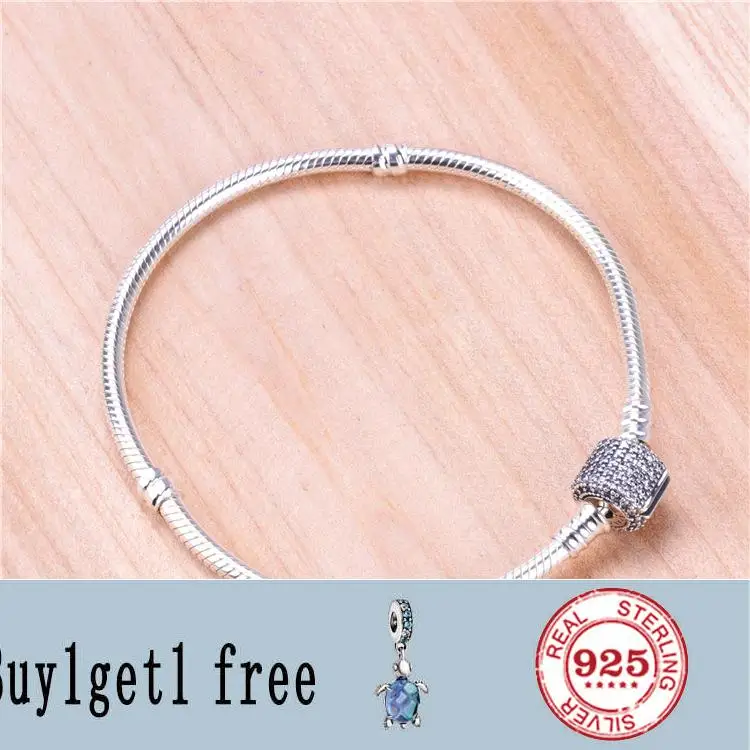 

925 Sterling Silver Signature Clasp Crystal Snake Chain pan Bracelet Bangle Anklets Fit Women Bead Diy Europe Jewelry