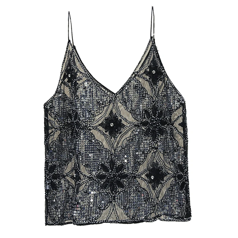 Sexy Sequin Bead Sling 2021 New Summer Female Crop Top Black Camisole Women's Fashionable Knitted Outer Wear Base Shirt