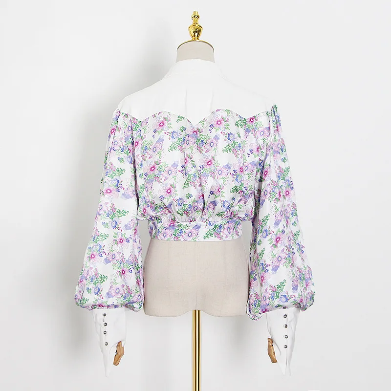 

2020 Summer Fashion Women Patchwork Flower Prints V-neck Lantern Sleeve Shirt Blouse Female Luxury Elegant Tops Shirt