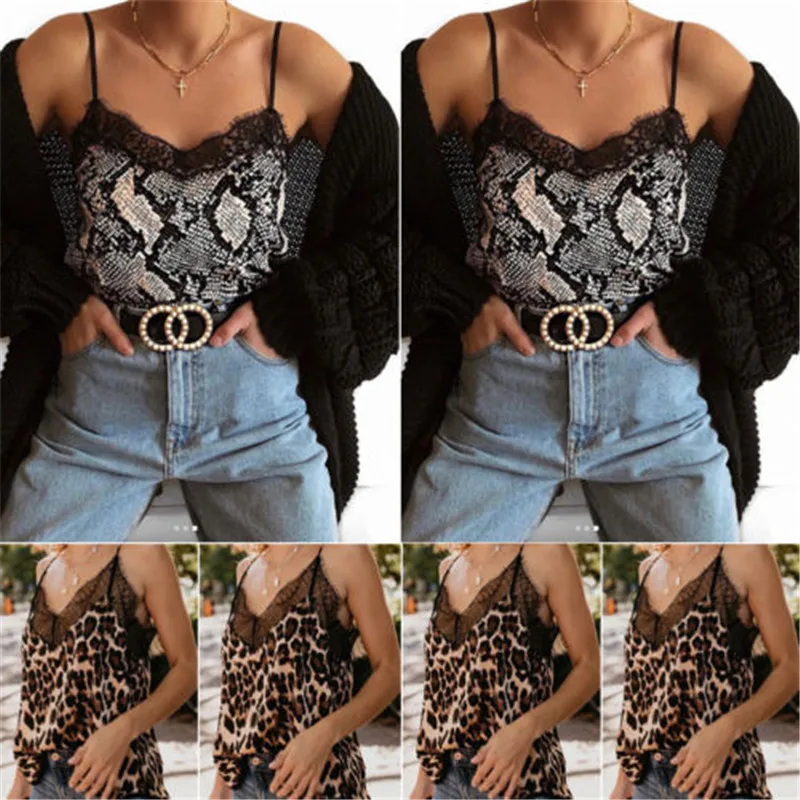 2019 New Hot Summer Women Lady Girl V-Neck Leopard Snake Print Camisole Loose Leisure Casual Fashion Vest Lace Strappy Cami Tops | Женская