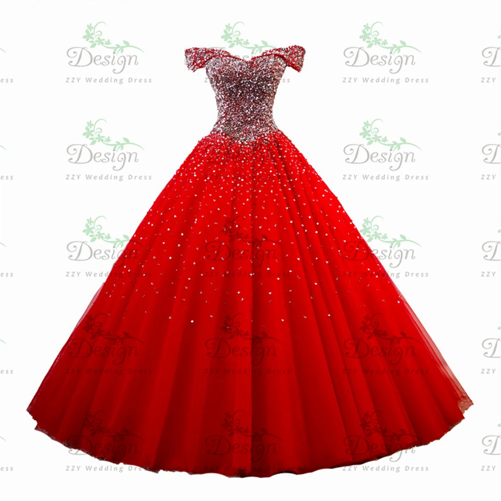 

Red Tulle Sweetheart Neckline Sequins Beading Ball Gown Vestidos De Fiesta 15 Dresses Sequined Sweet 16 Dresses Quinceanera Dres