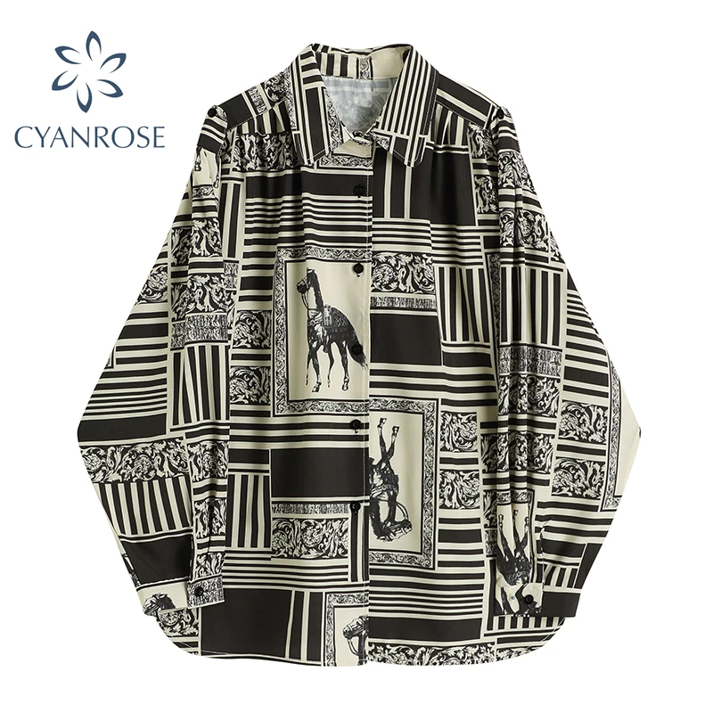 

Женская винтажная рубашка с длинным рукавом, Повседневная Блузка оверсайз с принтом в стиле Харадзюку, одежда в Корейском стиле на осень, 2021
