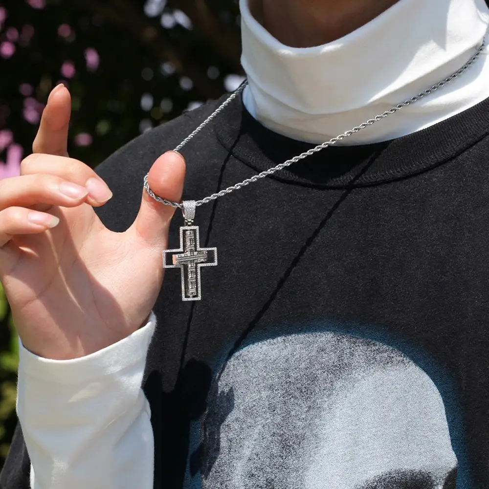 Bling Iced Out Двусторонняя может носить вращающиеся крест подвески ожерелье Золото