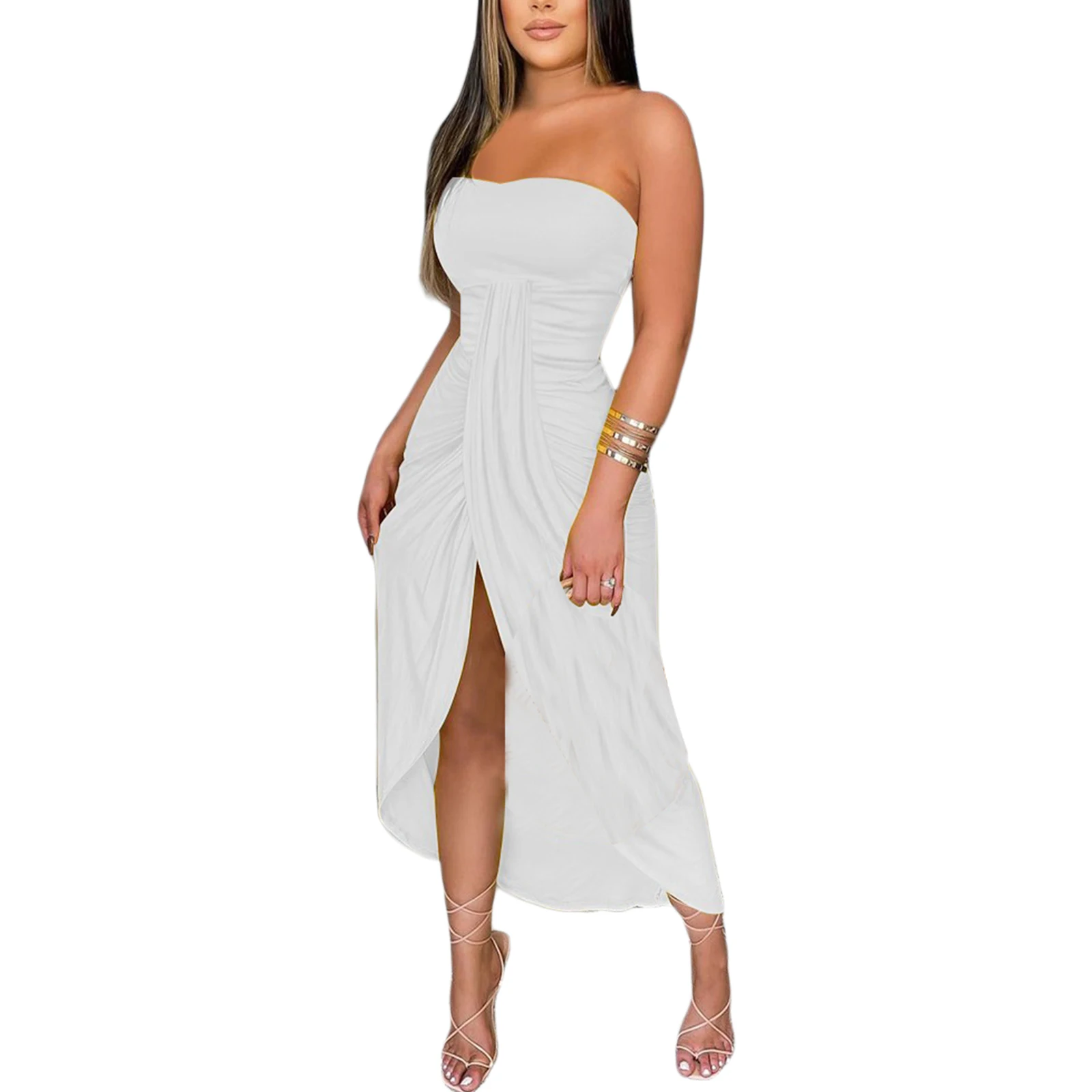

Women Strapless Dress Solid Color Off-Shoulder Sleeveless Slit Skirt with Cropped Hem for Ladies 4 Colors