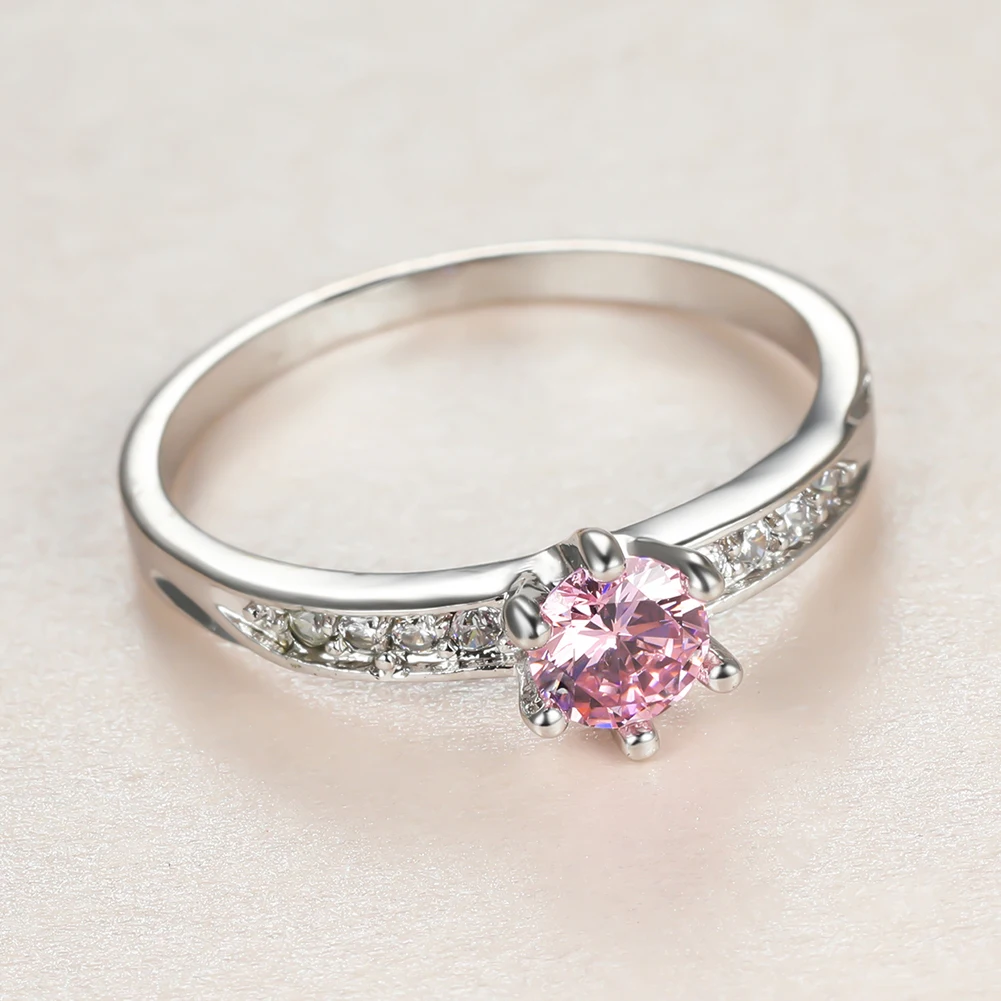 

Simple Female Pink Crystal Stone Ring Charm Silver Color Wedding Rings For Women Dainty Bride Round Zircon Thin Engagement Ring