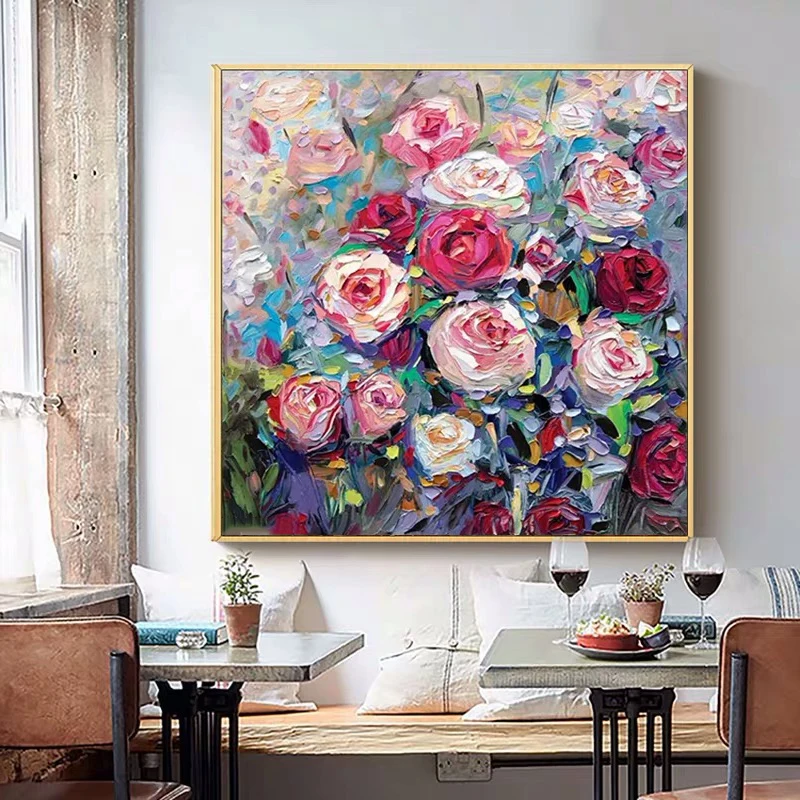 

Modern Artist Painted Abstract Pink Rose Flowers Oil Painting On Canvas Wall Art Frameless Picture Decor For Live Room Home Gift