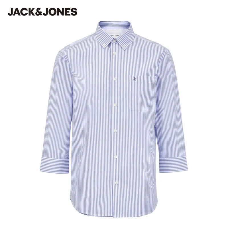 

JackJones Men's 100% Cotton 3D LOGO Embroidered Stripe Turn-down Collar 3/4 Sleeves Shirt | 220331502