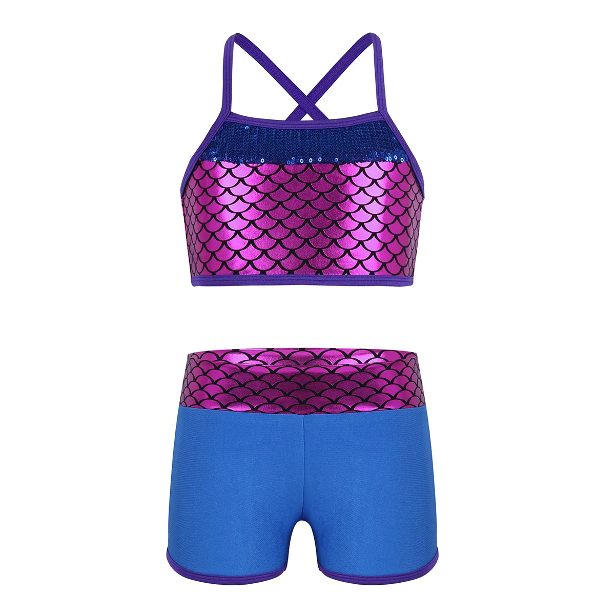 

Танкини с блестками для девочек, танкини, наряд, костюмы русалки, топ с принтом в виде весы и низ, комплект для выступлений в балете