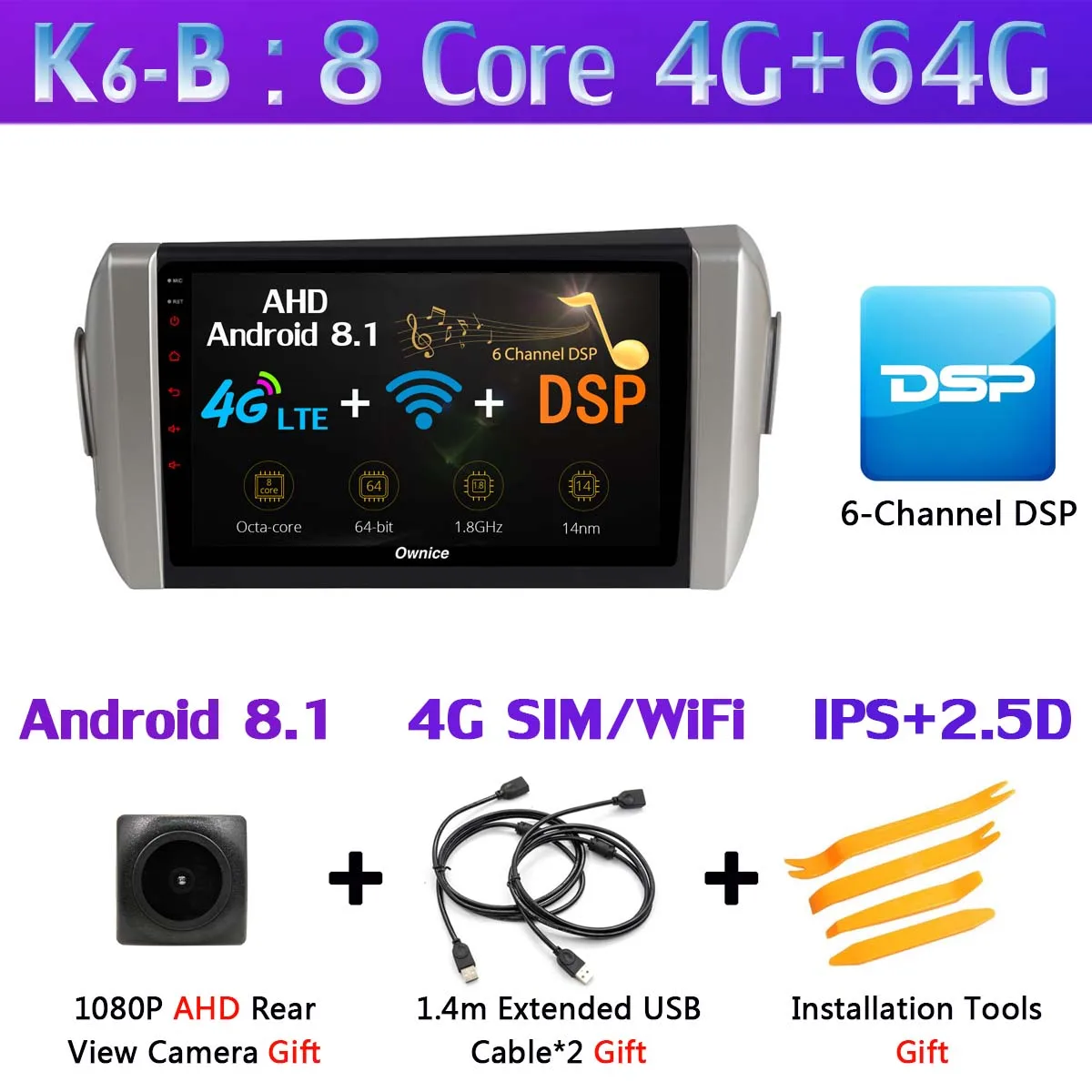 K6-B 360 ° панорамный 4G WiFi Android 9,0 8Core 4G+ 64G Автомобильный мультимедийный плеер gps компактное минирадио CarPlay для Toyota Innova Crystal - Цвет: K6-B