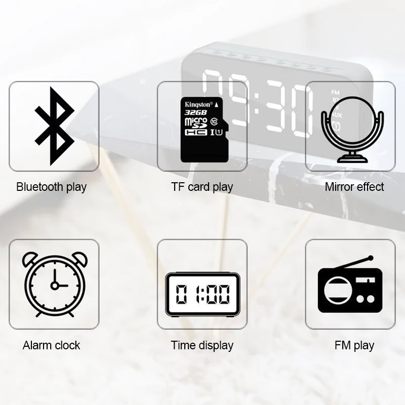 Multi Function 5.0 Bluetooth Subwoofer Speaker Wireless Mirror Alarm Clock FM Radio Protable Accessories Support TF Card AUX | Электроника