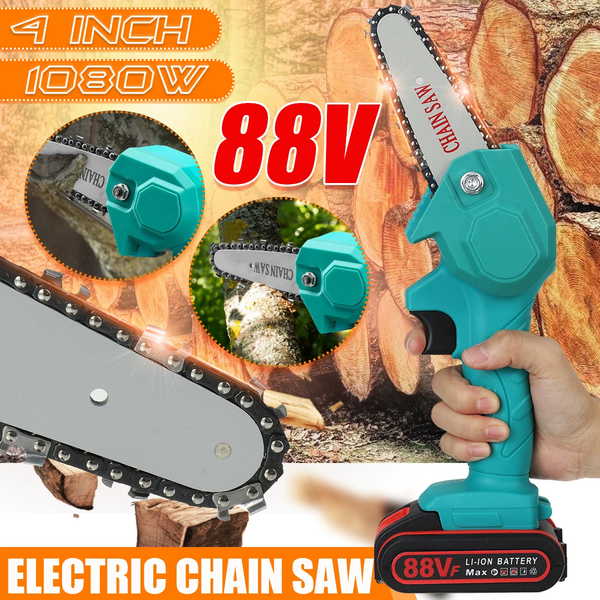 

88V 1080W 4 Inch Mini Electric Chain Saw With 2 Battery Rechargeable Woodworking Pruning One-handed Garden Logging Power Tool
