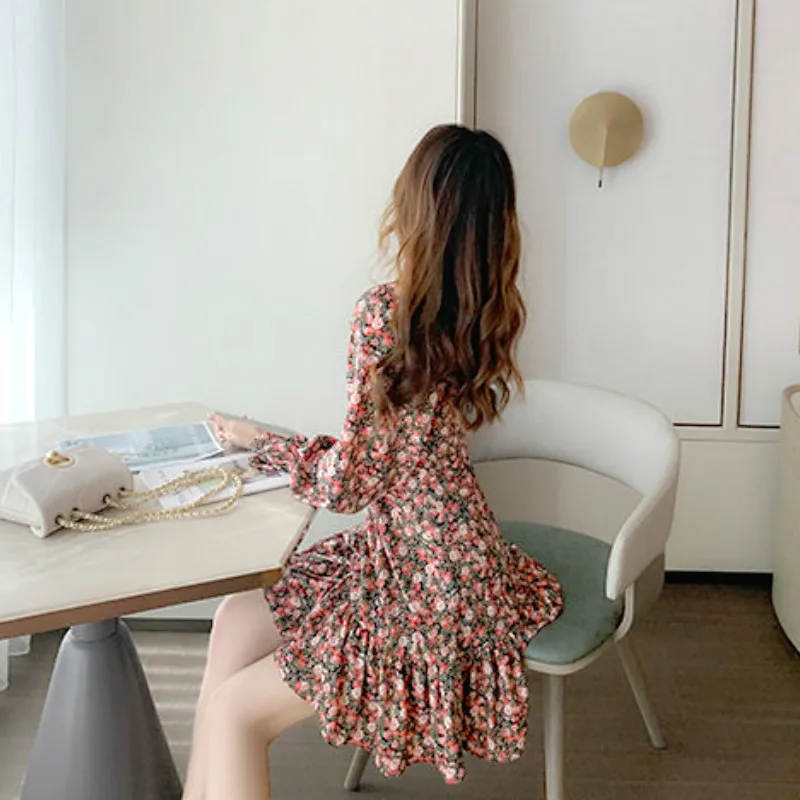 

Casual Bandage Korean Dress 2020 Autumn Women's Clothing Vintage Floral Dress Women Elegant Designer Mini Dress Long Sleeve