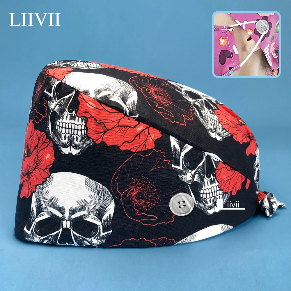 

Skull Printing Medical Surgical Cap Nurse Hair Care Baotou Scrub Cap Beauty Salon Nursing Cap with Protect Ears Button Wholesale