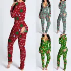 Пикантная женская пижама с рождественским принтом, комбинезон с V-образным вырезом, комбинезоны с пуговицами спереди и сзади, комбинезоны с булавками и клапаном, домашняя пижама