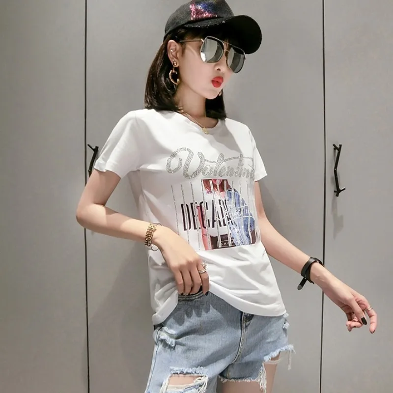 Женская футболка с бриллиантами летняя облегающая из 100% хлопка коротким рукавом