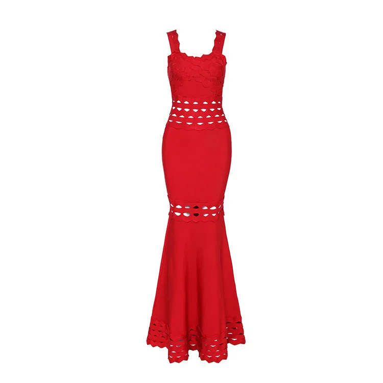 

Fashion Red Long Bandage Dress Sexy Strap Hollow Out Wedding Banquet Celebrity Evening Party Dress Bodycon