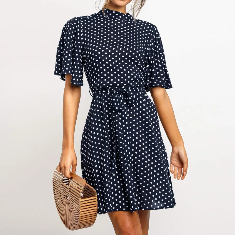 

Vintage Dot Dress Women Summer New Arrival 2021 Short Sleeve MIni Casual Dresses Slim Waist Lace Up Elegant Chiffon Ropa Mujer