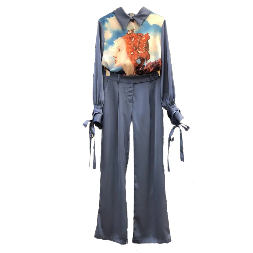 

AELESEEN Office Ladies Sets Spring Autumn Elegant Blue Flower Print Bow Blouse+Full-Lenght Pants Women High Quality Sets