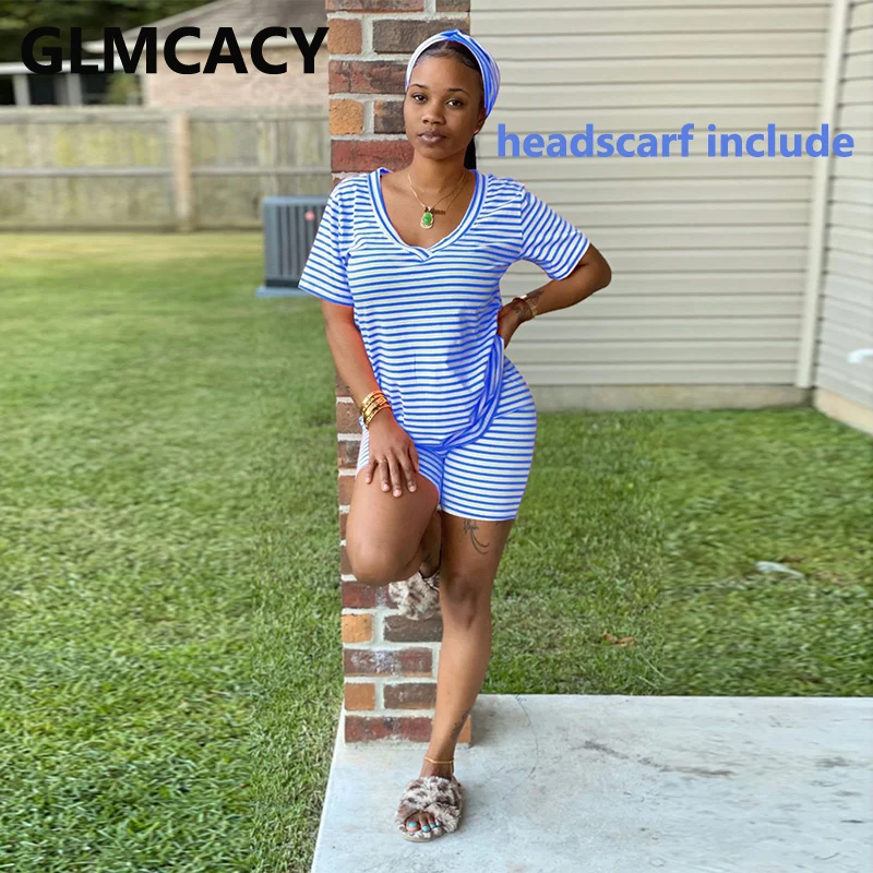 

Women Two Piece Set Top and Short Striped Printed Short Sleeve T-shirt High Waist Bodycon Short Lounge Suit (headscarf Include
