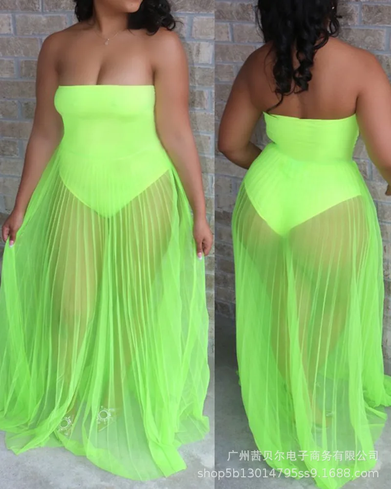 Женское безрукавное безбретельное платье макси с обернутой грудью из одного куска сексуальной прозрачной сетчатой ткани до пола.