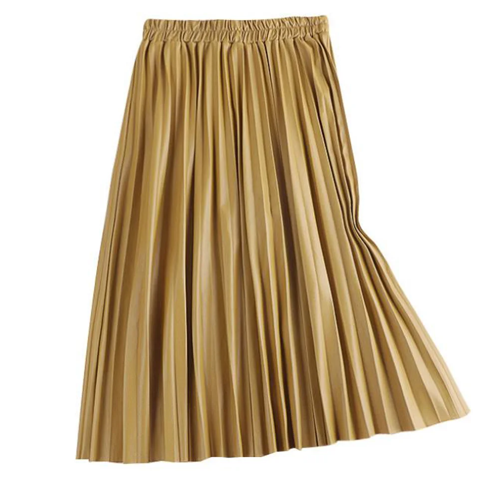 

New High Waist Faux Leather Skater Flare Casual Long Midi Length Solid Color Black Skirt Women Pleated Faldas Mujer