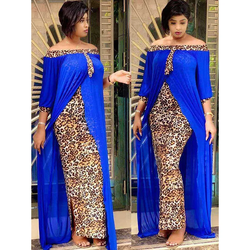 

African Long Maxi Dress Women Dashiki Fashion Leopard Print Patchwork Robe Sexy Backless Slash Neck Party Dress Africa Clothing
