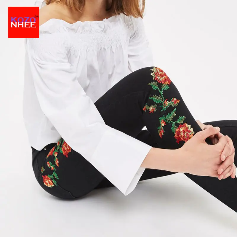 Женские эластичные джинсы с вышивкой высокой талией размера плюс винтажные