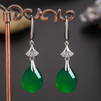 

National Style Drop-shaped Green Agate Chalcedony Jade Stone Micro Diamonds Long Ear Hooks Earrings Lucky Jewelry
