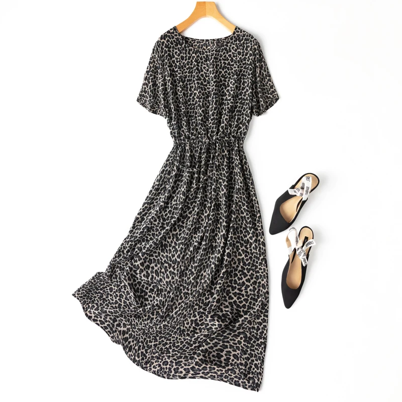 

Women 100% Mulberry Silk 16 momme crepe silk short Sleeve gray leopards Printed Long Midi Dress belted waist MM208