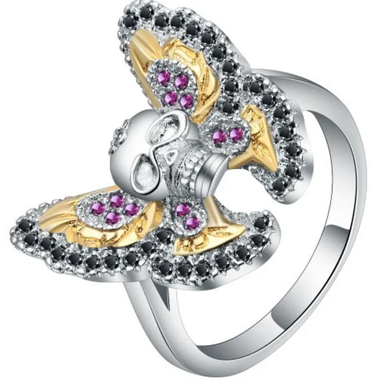 gothic Colored Cubic Amethyst Zirconia Butterfly Skull Ring Female Silver Color Punk Band Skeleton Cocktail Women Vintage | Украшения и