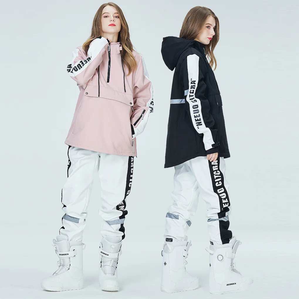 New Fashion Winter Warm Ski Hoodie Set Women Skiing Suit Couple Windproof Waterproof Jacket Pants Reflective Snowboarding Suits