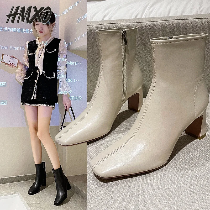 

HMXO High-heeled Short Boots Women Winter Square Toe Thick-heeled Martin Boots Side Zipper Boots Increased Leather Casual Boots
