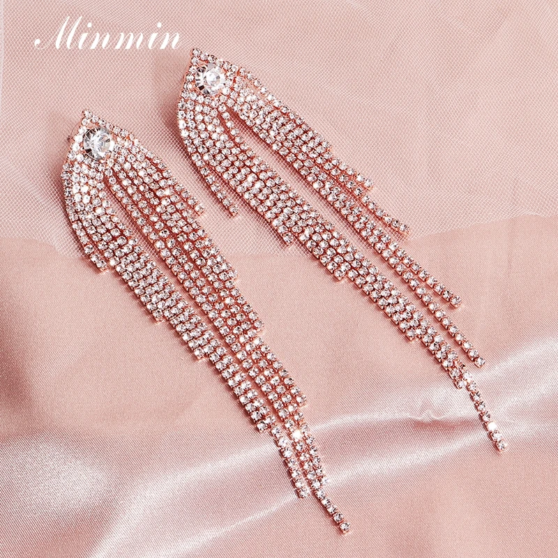 Minmin Rosegold сверкающие Длинная кисточка из горного хрусталя Свадебные серьги в виде