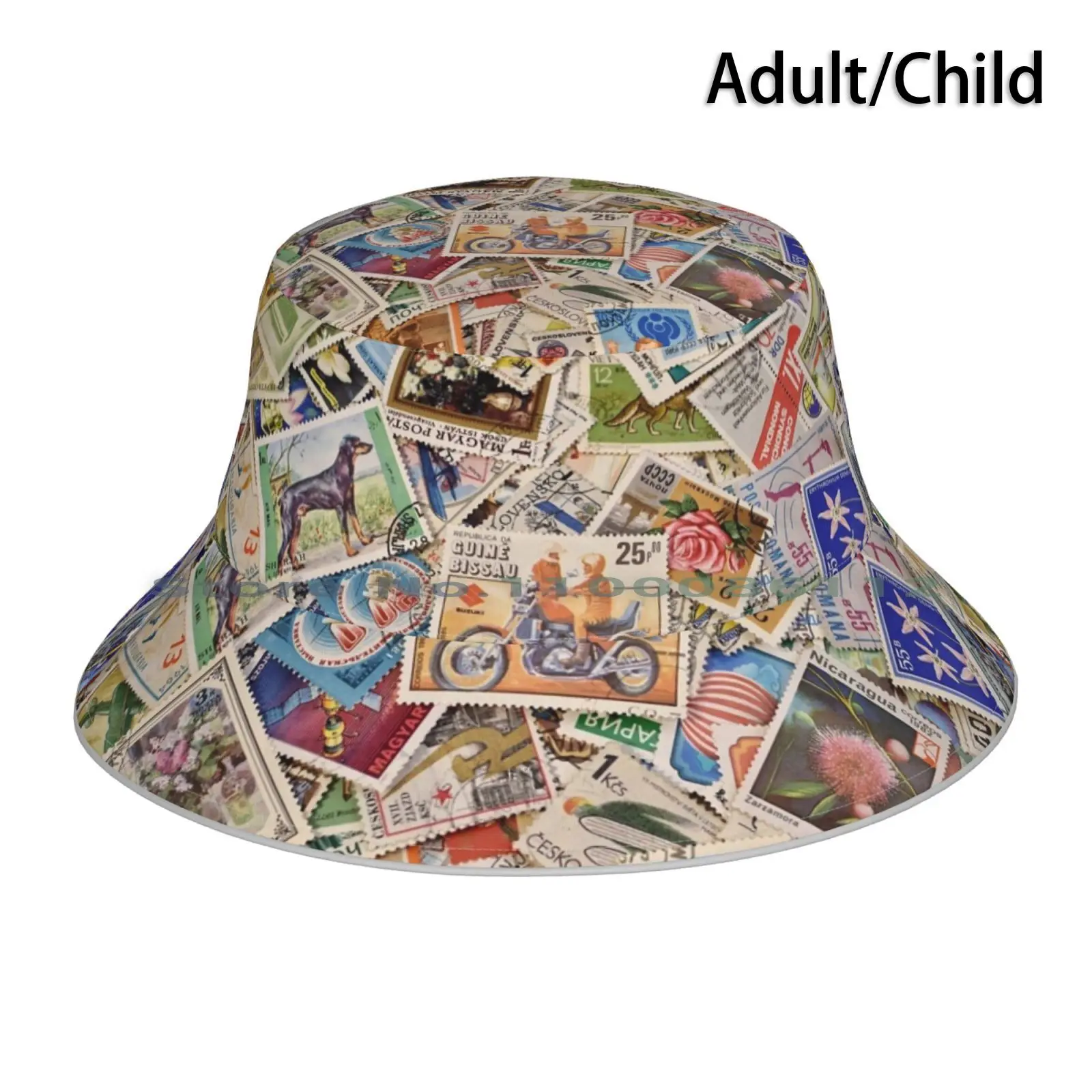 

Stamp Collection Bucket Hat Sun Cap Colored Collection Mail Letter Postage Stamp Vintage Retro Cool Patterns Awesome Fashion